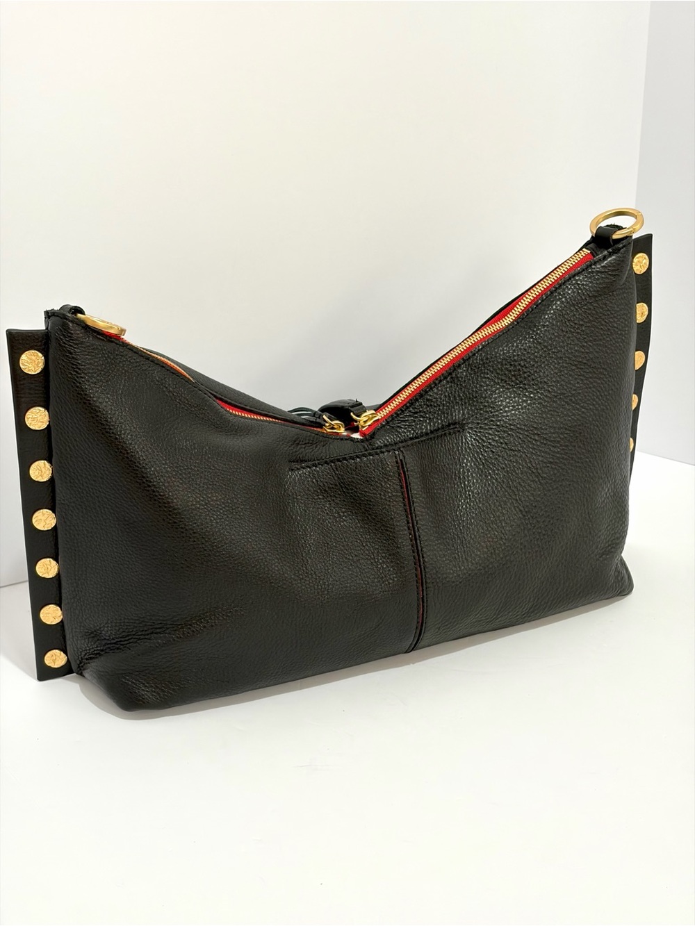 HAMMITT Mr G. Shoulder Bag In Black Leather/Brushed Gold Hammered Rivets/Red Zip - Picture 10 of 15